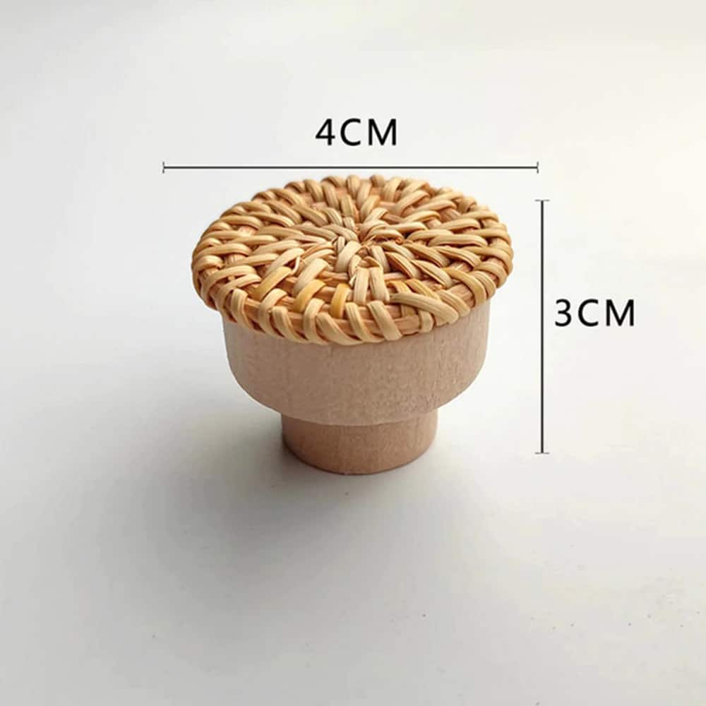 Round natural furniture knob with rattan woven around a wooden core