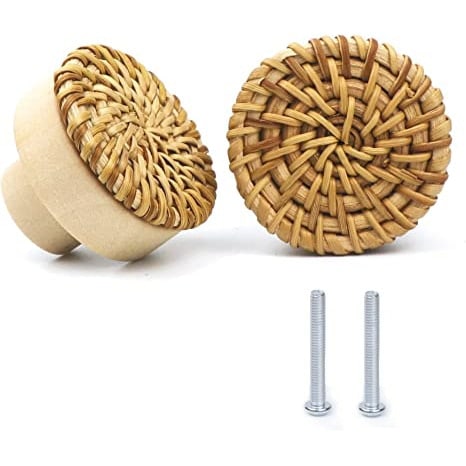 Round natural furniture knob with rattan woven around a wooden core