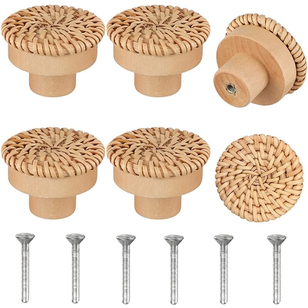 Round natural furniture knob with rattan woven around a wooden core