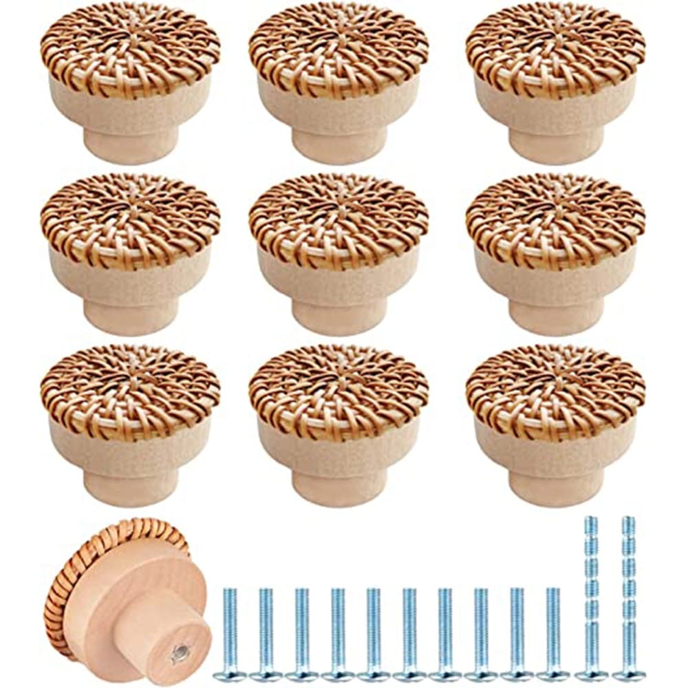 Round natural furniture knob with rattan woven around a wooden core
