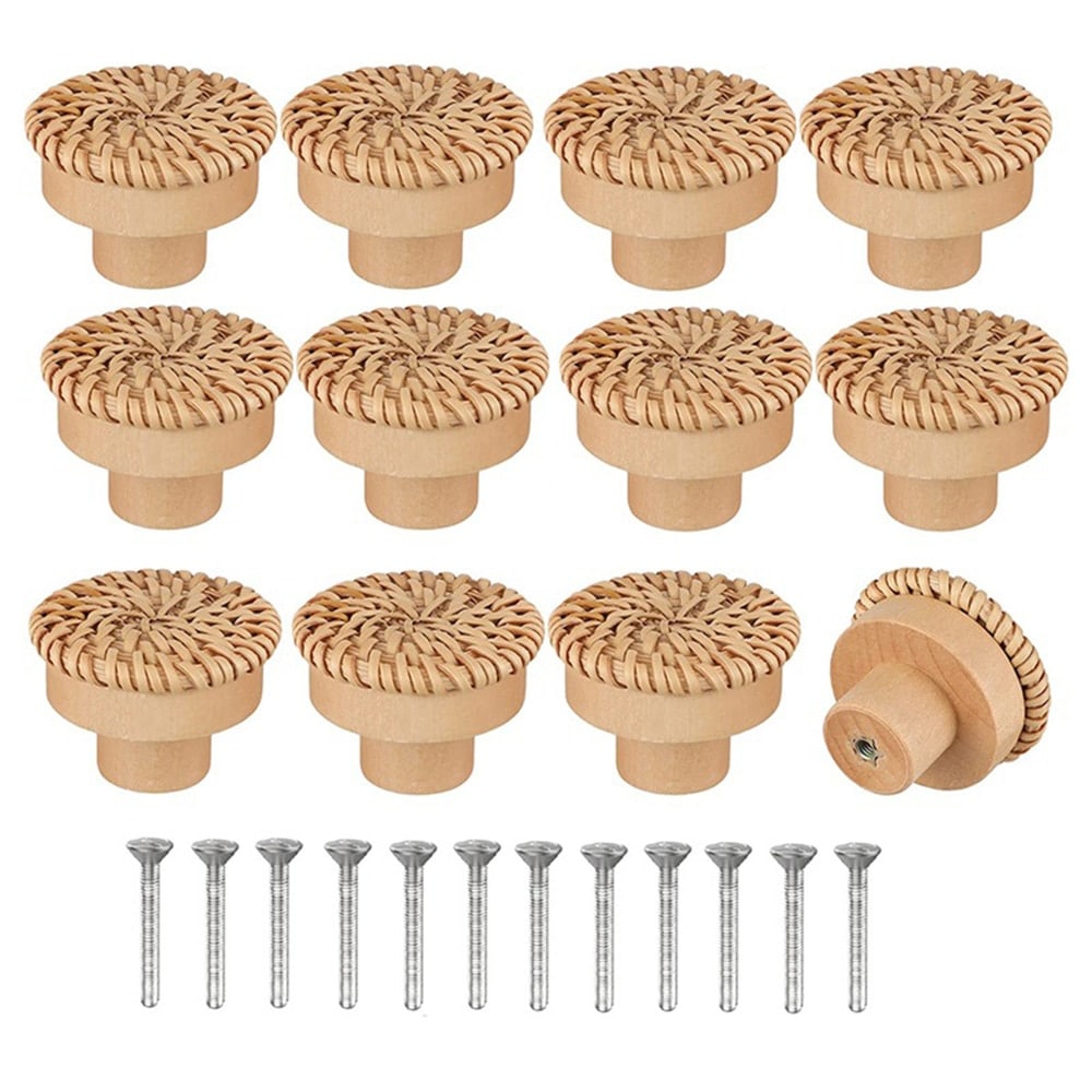 Round natural furniture knob with rattan woven around a wooden core