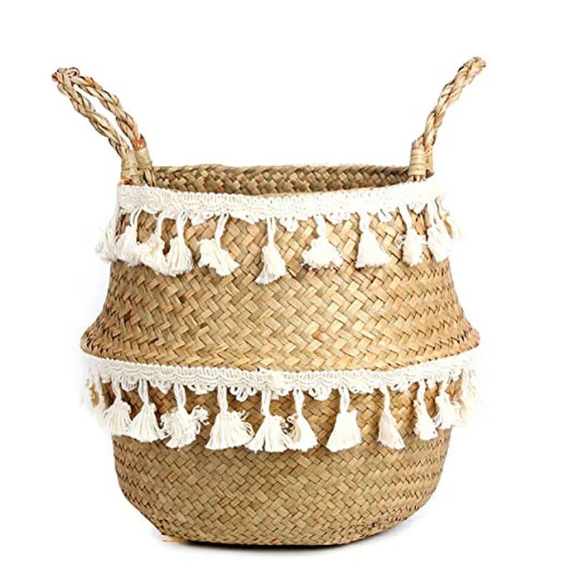 Natural woven belly basket with cotton tassels