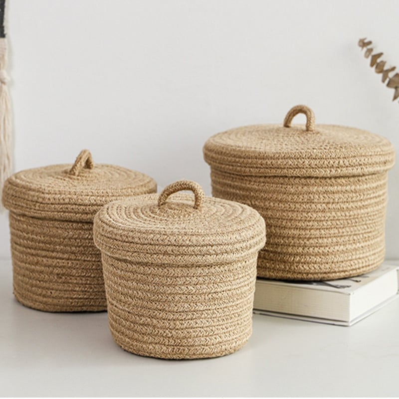 Hand woven natural fiber storage box with a fitted lid