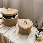 Hand woven natural fiber storage box with a fitted lid