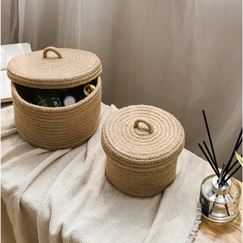 Hand woven natural fiber storage box with a fitted lid