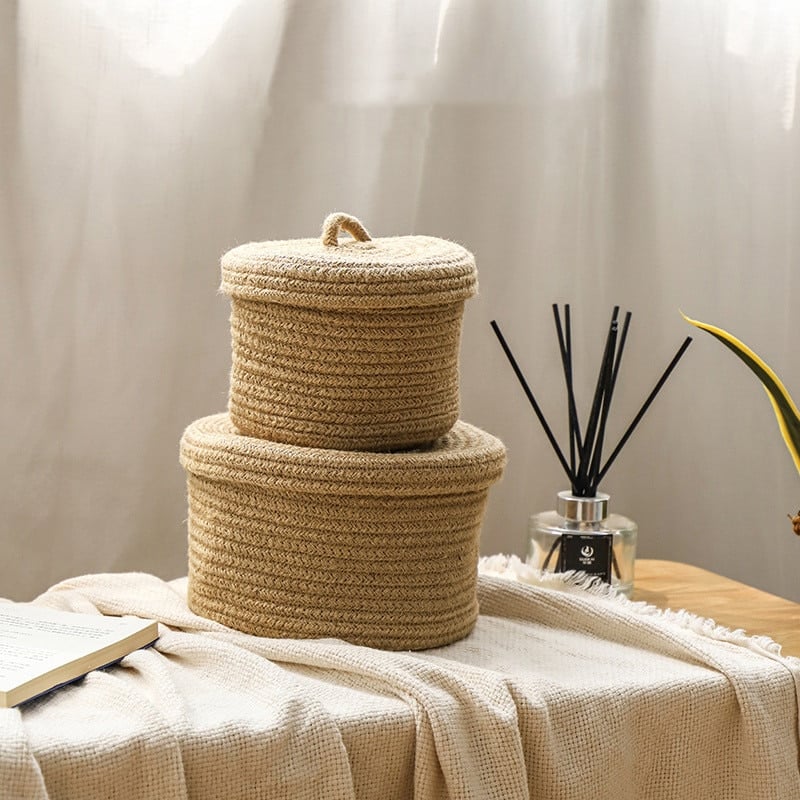Hand woven natural fiber storage box with a fitted lid
