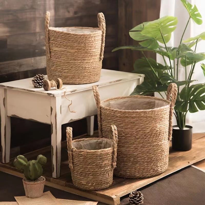 Natural woven storage baskets with handles and plants