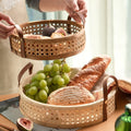 Round Nordic style handwoven rattan tray with handles
