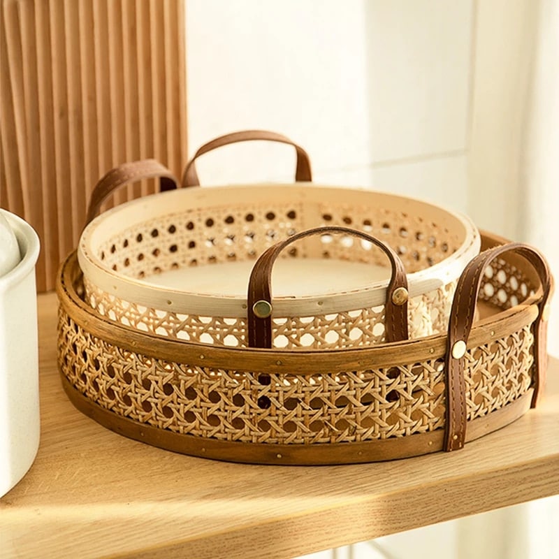 Round Nordic style handwoven rattan tray with handles