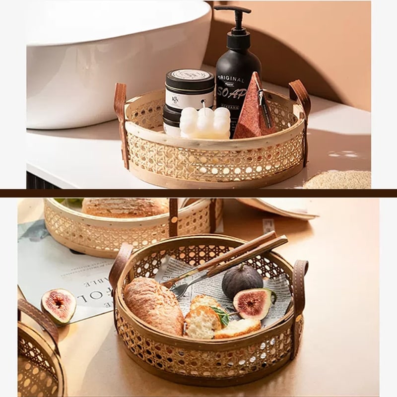 Round Nordic style handwoven rattan tray with handles