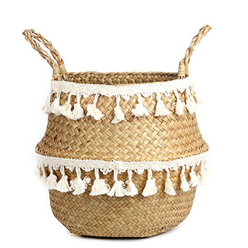 Hand woven natural fiber planter with an openwork lace pattern