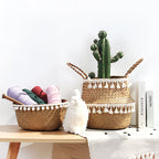 Hand woven natural fiber planter with an openwork lace pattern