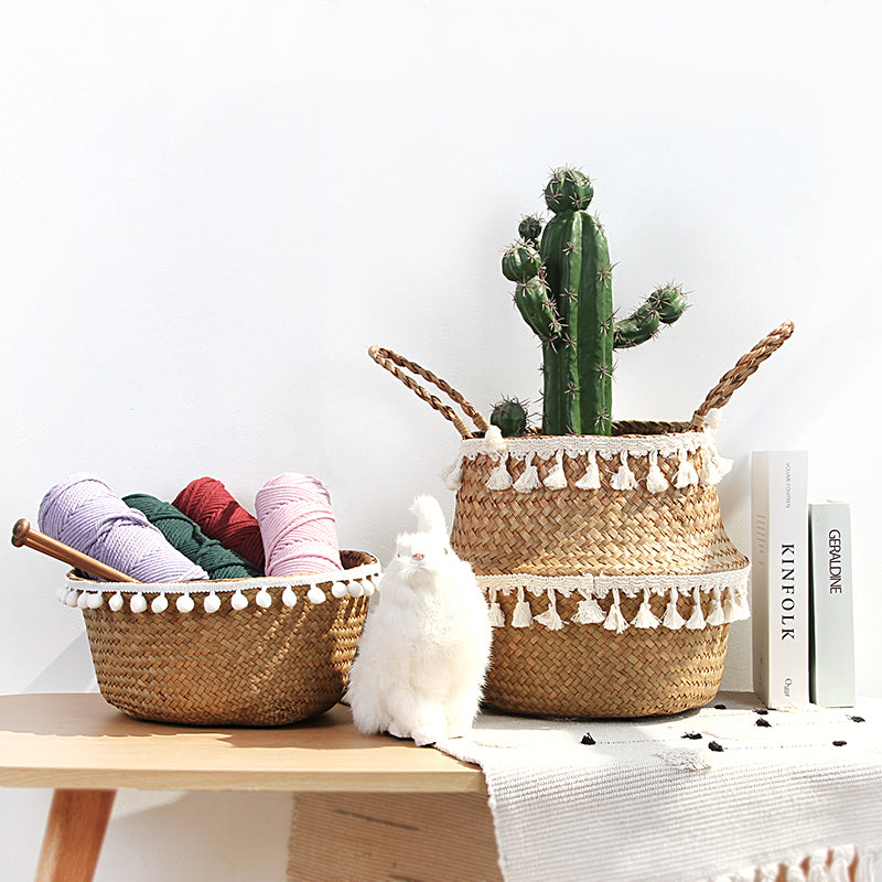 Hand woven natural fiber planter with an openwork lace pattern