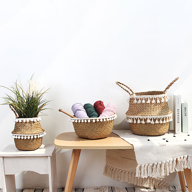 Hand woven natural fiber planter with an openwork lace pattern