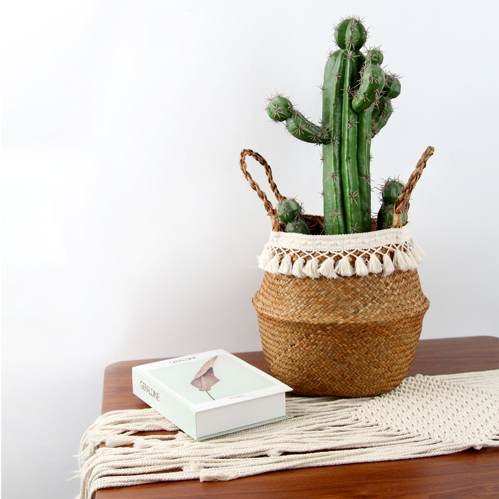 Hand woven natural fiber planter with an openwork lace pattern