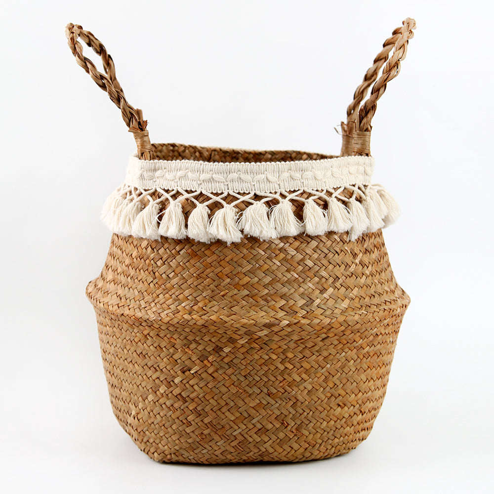 Hand woven natural fiber planter with an openwork lace pattern