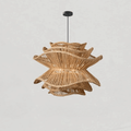 Round minimalist chandelier hand woven in golden brown wicker