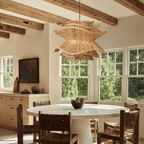 Round minimalist chandelier hand woven in golden brown wicker