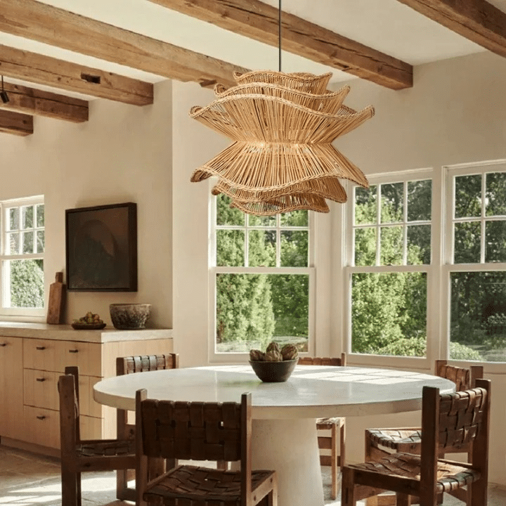Round minimalist chandelier hand woven in golden brown wicker