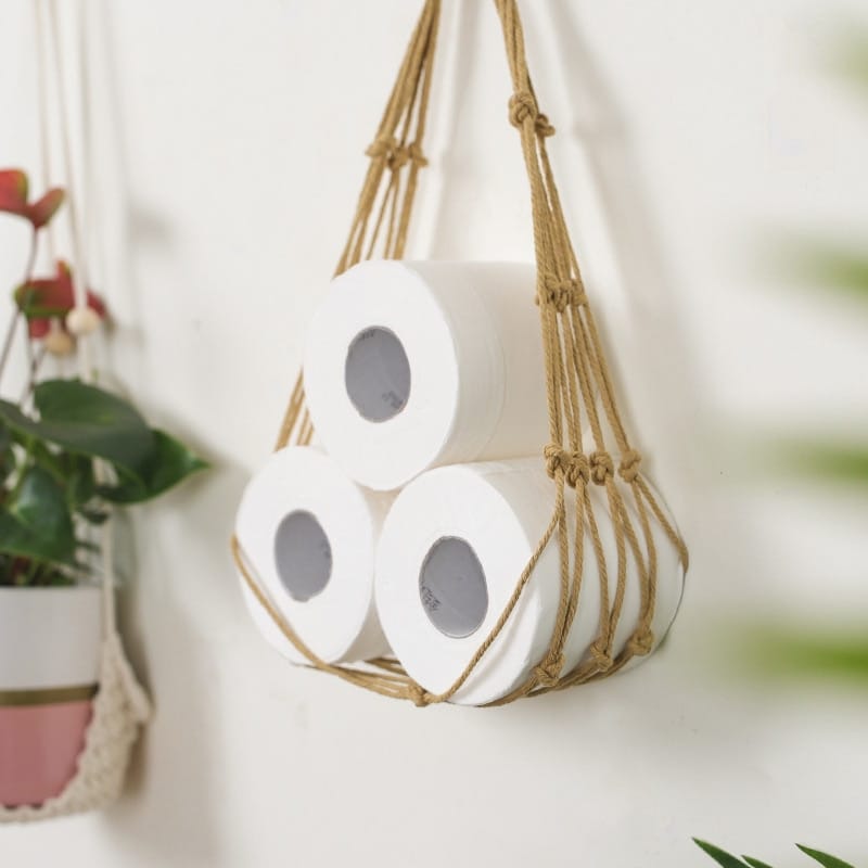 Long hanging holder knotted by hand in natural fiber rope