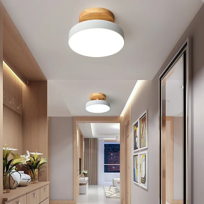 Small Nordic round ceiling light with a natural wood ring and white diffuser