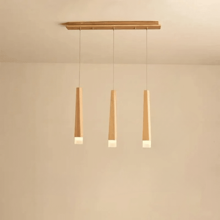 Nordic chandelier with three natural wood arms radiating from a central hub