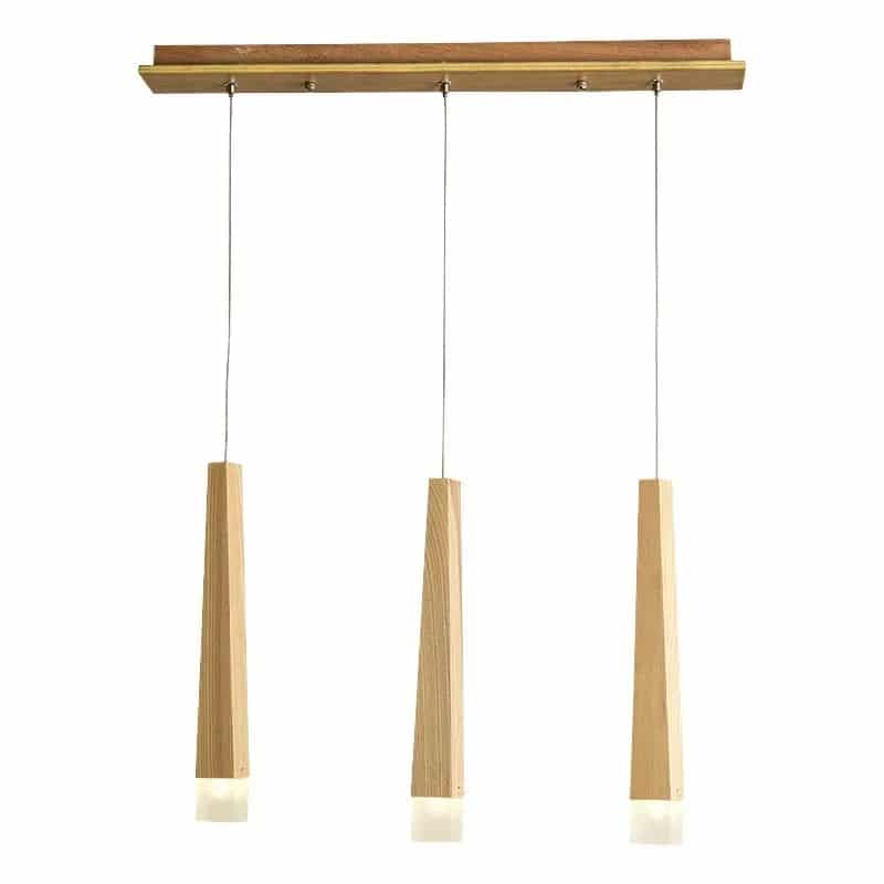 Nordic chandelier with three natural wood arms radiating from a central hub