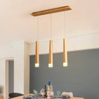 Nordic chandelier with three natural wood arms radiating from a central hub