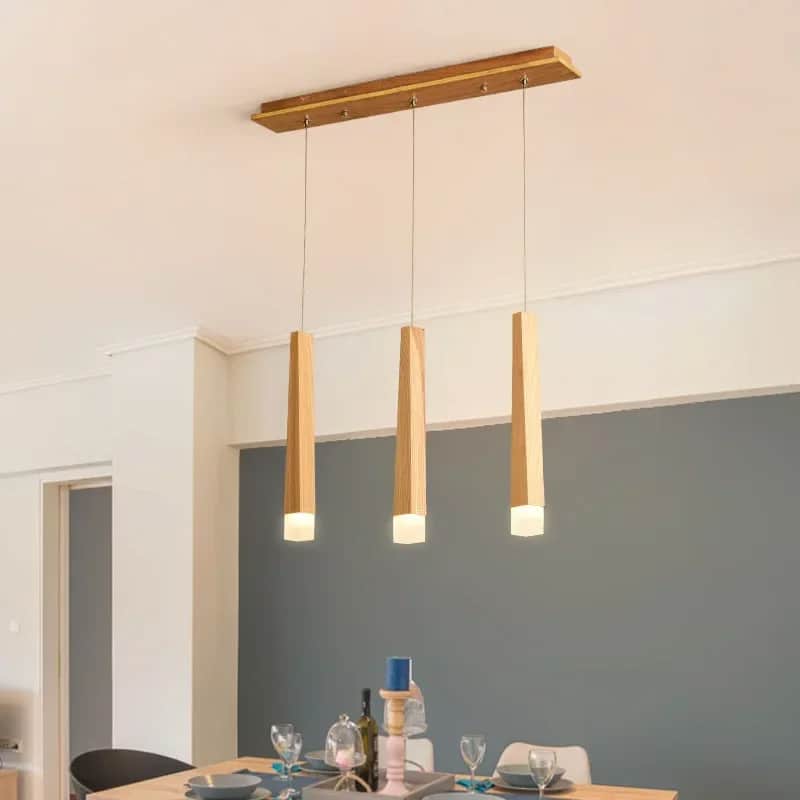 Nordic chandelier with three natural wood arms radiating from a central hub