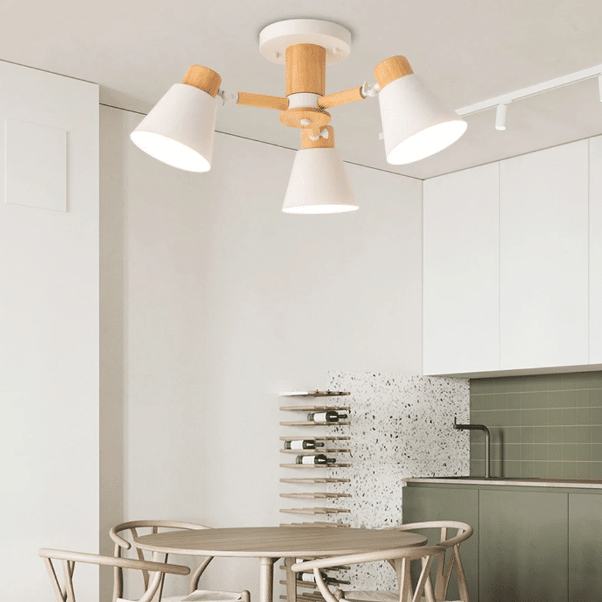 Nordic three light pendant pairing natural wood and white metal