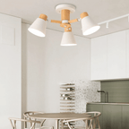Nordic three light pendant pairing natural wood and white metal