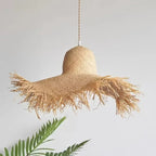 Flared bell shaped woven chandelier in natural beige with an iron frame