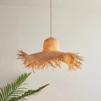 Flared bell shaped woven chandelier in natural beige with an iron frame