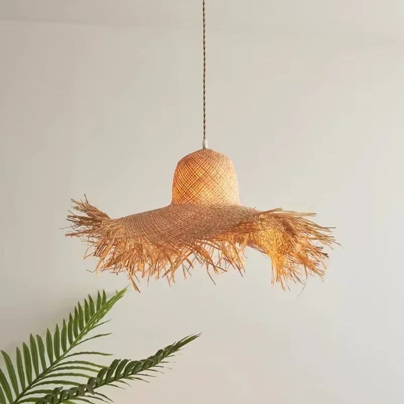 Flared bell shaped woven chandelier in natural beige with an iron frame
