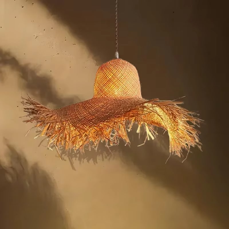 Flared bell shaped woven chandelier in natural beige with an iron frame