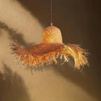 Flared bell shaped woven chandelier in natural beige with an iron frame