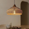 Bell shaped open weave rattan pendant light in brown