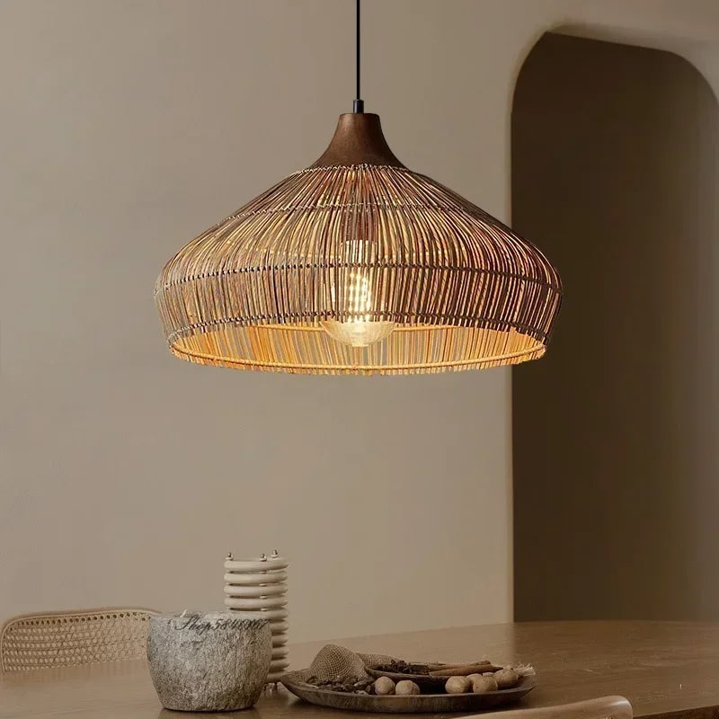 Bell shaped open weave rattan pendant light in brown