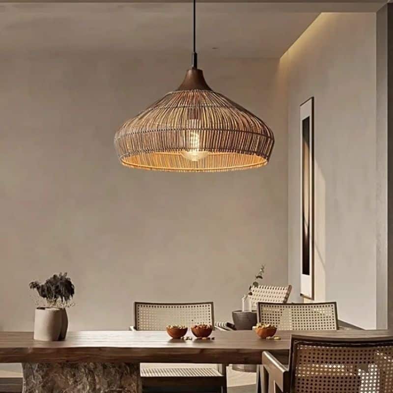 Bell shaped open weave rattan pendant light in brown