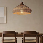 Bell shaped open weave rattan pendant light in brown