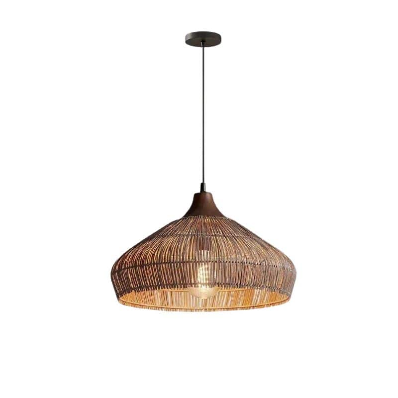 Bell shaped open weave rattan pendant light in brown