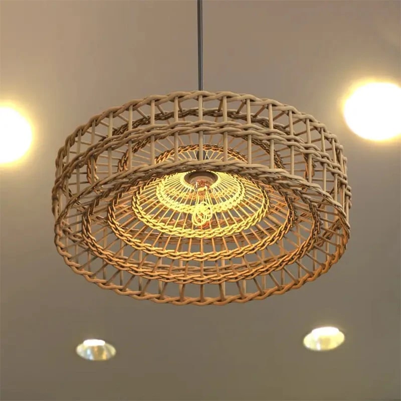 Low profile open weave rattan ring pendant light