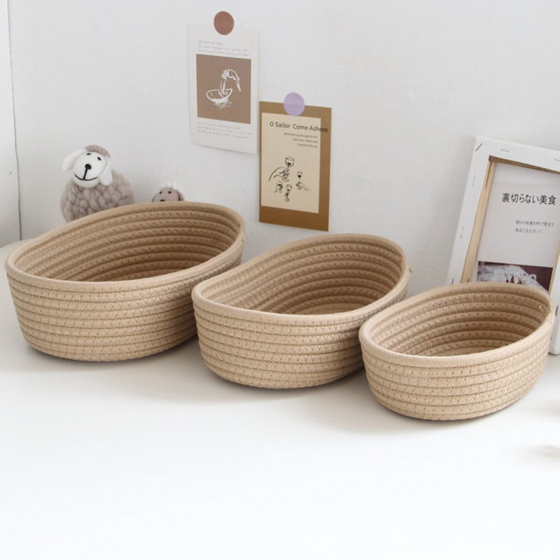 Low oval brown cotton rope basket