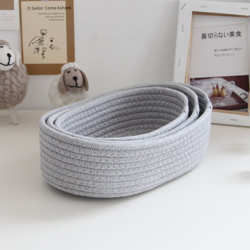 Low oval gray cotton rope basket