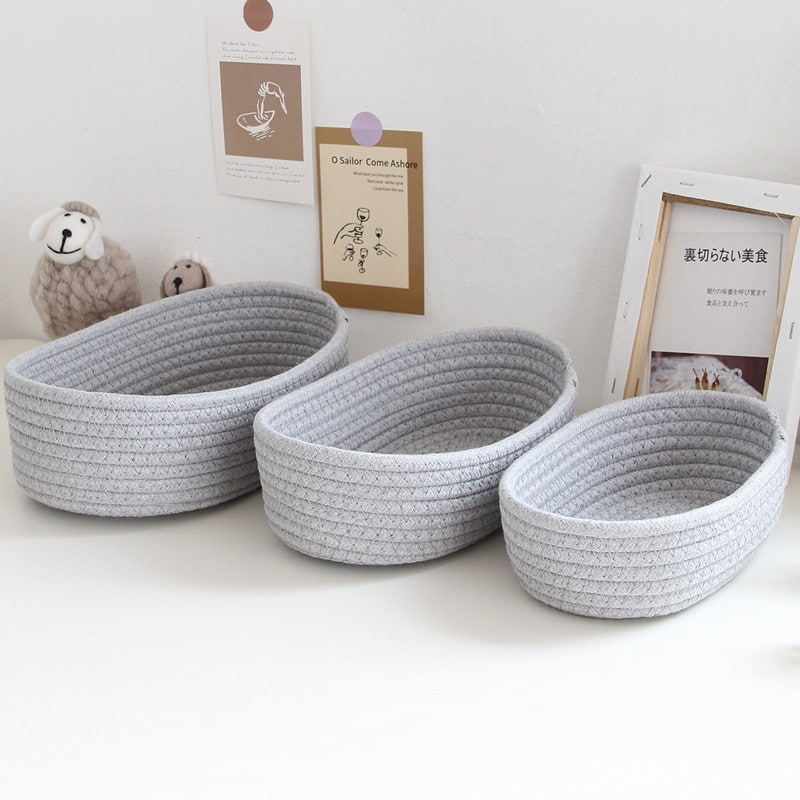 Low oval gray cotton rope basket