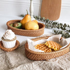 Oval handwoven natural rattan tray with side handles
