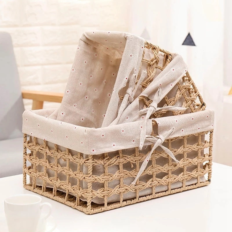 Paper rope storage baskets with fabric liners on open shelves