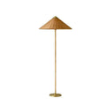 Rattan floor lamp with a wide woven hat shaped shade and a round gold base