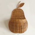 Pear shaped rattan wall baskets in brown and white with plush toys