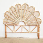 Fan shaped headboard with woven petals in natural beige bamboo